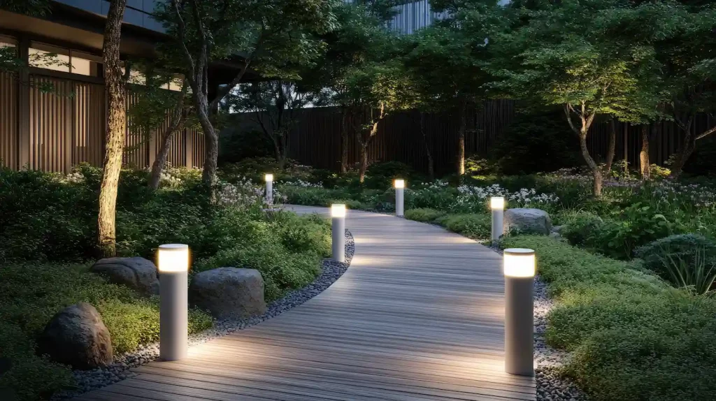 Chemin de jardin éclairé par des bornes lumineuses LED, entouré de végétation.